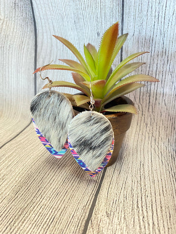 Rainbow Streak Aztec & White Speckled Hair on Hide Double Petal Earrings