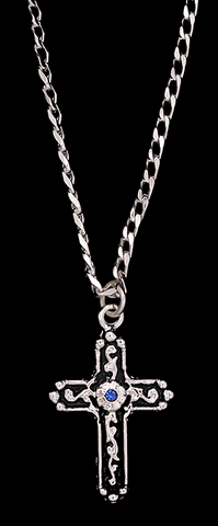 Silver Black Inlay Cross with Blue Stone Necklace