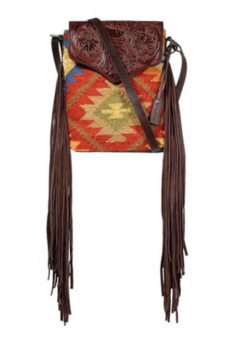 Ariat Brynlee Rust Aztec Blanket with Floral Tooled Leather & Fringe Crossbody Bag